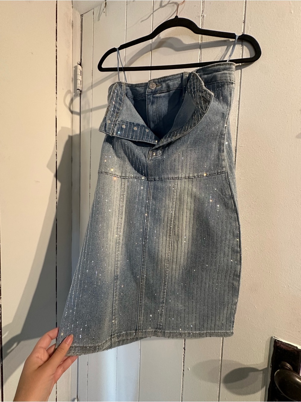AKIRA NWT Embellished Rhinestone Light Blue Denim Mini Dress